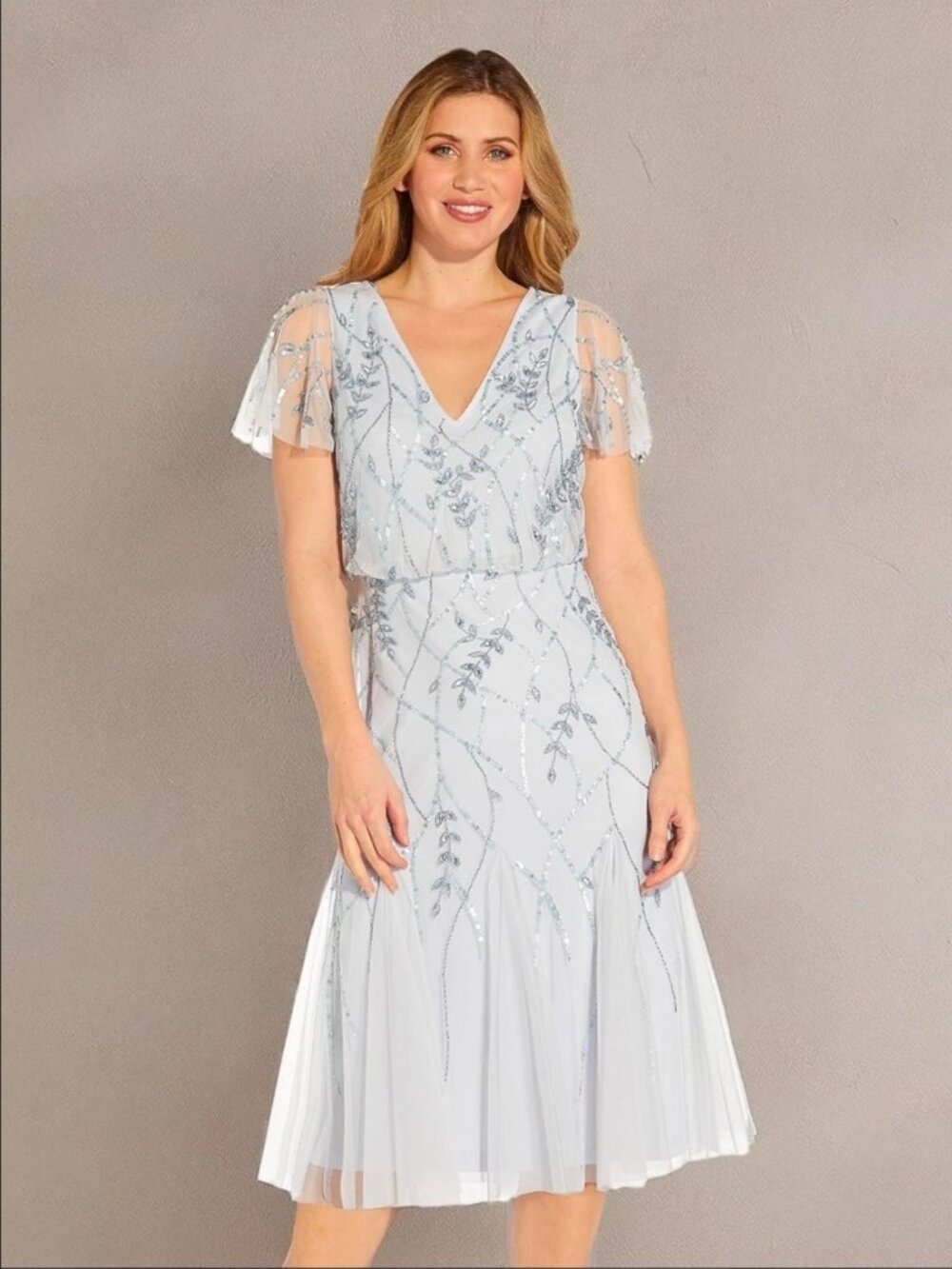 Adrianna Papell Beaded Midi Dress Serenity Blue Size 6 NWT